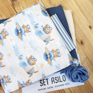 KIT SET ASILO ORSETTO AVIATORE - sacca - bavaglio . asciugamano - bustina -