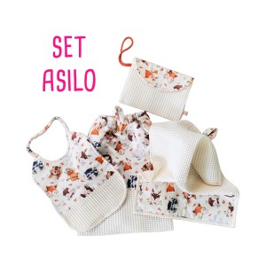KIT SET ASILO APETTE E FIORELLINI - sacca - bavaglio . asciugamano - bustina -