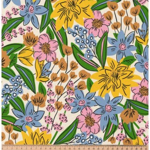 CAMILOU GRANDI FIORI GIALLO E AZZURRO BASE ECRU