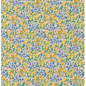 DENIZ FIORELLINI GIALLI ARANCIO E BLUETTECON RAMIETTI VERDI BASE ECRU