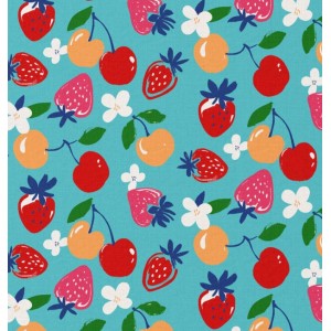 TESSUTO IDROREPELLENTE CIJOSEE FRAGOLE E CILIEGIE BASE TURCHESE