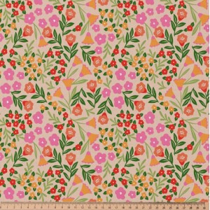 TESSUTO IDROREPELLENTE MARTINE FIORELLINI E CAMPANULE BASE ROSA TENUE