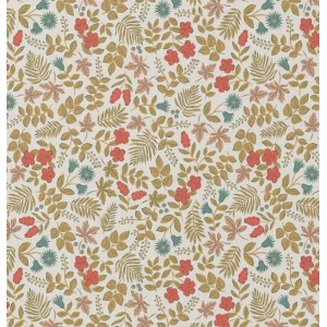 TESSUTO IDROREPELLENTE SHO2 FIORI E RAMETTI ORO E VERMIGLIO BASE ECRU