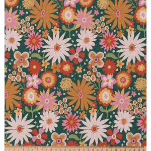 TESSUTO IDROREPELLENTE CHILDHOOD FIORI RETRO' BASE VERDONE