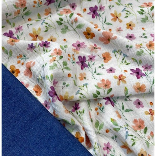 KIT SALOPETTE CORTA MUSSOLA FIORI DI MONTAGNA E BACCHE CON TASCHINO IN JEANS