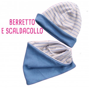 KIT CAPPELLINO E SCALDACOLLO MAGLIA TRICOT DENIM E JERSEY RIGHE LINO E AZZURRO