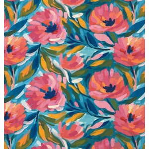 PEONIE ACQUARELLATE ROSA BASE ACQUA E VERDONE E BLU drill mezzo panama