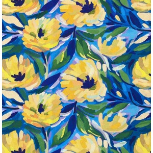 PEONIE ACQUARELLATE GIALLE BASE TURCHESE VERDONE E BLU drill mezzo panama