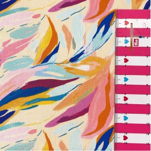 FOGLIAME ACQUARELLATO ROSA SENAPE E BLU BASE VANIGLIA drill mezzo panama