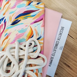 KIT SACCHETTA CONIGLIETTO SUMMER - JEANS ROSA E MEZZO PANAMA FOGLIAME ACQUARELLATO ROSA