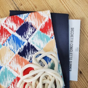 KIT SACCHETTA CONIGLIETTO SUMMER - JEANS BLU NAVY E MEZZO PANAMA ROMBI COLORATI