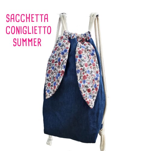 KIT SACCHETTA CONIGLIETTO SUMMER - JEANS BLU NAVY E MUSSOLA FIORELLINI COLORATI