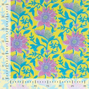 ENJOY COTONE VOILE GRANDI FIORI BUBBLEGUM LILLA E TURCHESE BASE  GIALLO