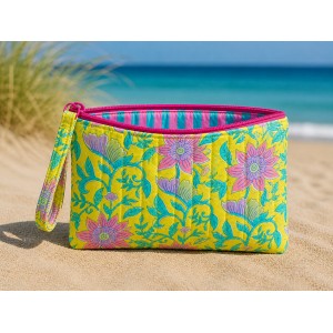 TRAPUNTA ENJOY GRANDI FIORI BUBBLEGUM LILLA E TURCHESE BASE GIALLO LIME