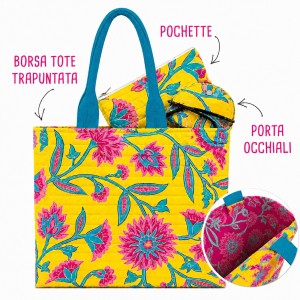KIT TOTE-BAG CON POCHETTE E PORTA OCCHIALI TRAPUNTATA ENJOY BASE GIALLO LIME