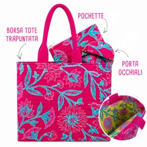 KIT TOTE-BAG CON POCHETTE E PORTA OCCHIALI TRAPUNTATA ENJOY BASE FUCSIA