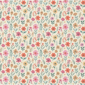 TESSUTO IDROREPELLENTE MADDY FIORELLINI ROSA ROSSI E BISCOTTO BASE LATTE