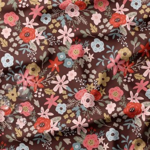 TESSUTO IMPERMEABILE OLGA FIORI ROSA CIPOLLA E VERMIGLIO BASE CIOCCOLATO
