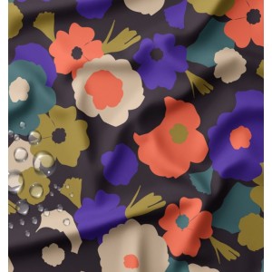 TESSUTO IMPERMEABILE GEORGINA FIORIELLONI VERDE CARMINIO E VIOLA BASE ANTRACITE