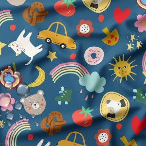 TESSUTO IMPERMEABILE FUNPETS MACCHININA GATTO E ARCOBALENO BASE BLU