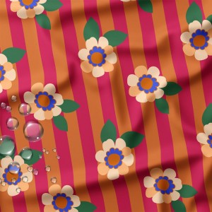 TESSUTO IMPERMEABILE ALINY FIORI SU BASE RIGHE FUCSIA E ARANCIO